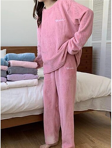  Damen-Pyjama-Sets mit Buchstaben-Plüsch, lässig, bequem, Heimbett, Korallenfleece, Korallensamt, warm, atmungsaktiv, Rundhalsausschnitt, langärmelig, Pullover, Hose, Stickerei,