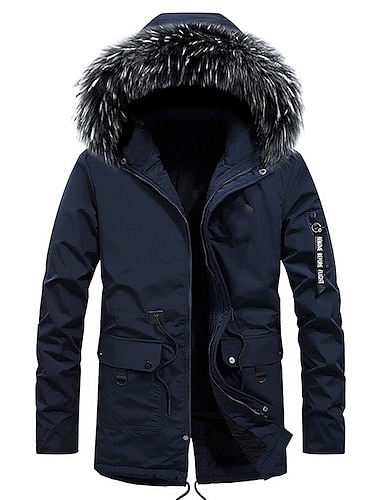  Men's Winter Coat Parka Fur Trim Zipper Pocket Hoodie Fur Trim Office & Career Date Casual Daily Outdoor Casual Sports Winter Plain Black Royal Blue Puffer Jacket