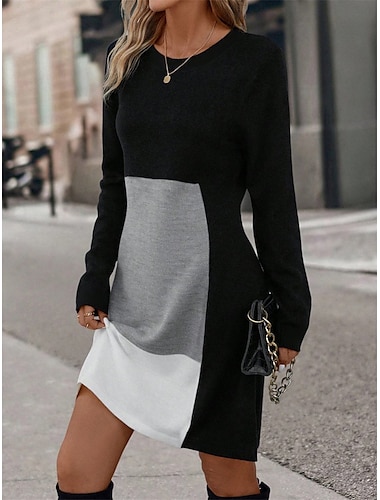  Women's Sweatshirt Dress Casual Dress Mini Dress Warm Active Outdoor Going out Weekend Crew Neck Print Geometric Color Block Loose Fit Black Pink Red S M L XL XXL