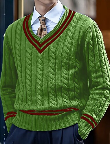  Herre Pullover trøje Trøje Kabel Strikke Normal Strikket Stribe V-hals Moderne Moderne Jul Arbejde Tøj Vinter Hvid Gul M L XL