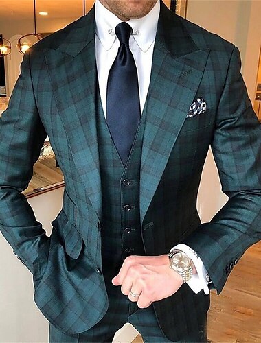  Green Men's Plaid Wedding Suits 3 Piece Plus Size Checkered Tailored Fit Single Breasted Two-buttons 2024