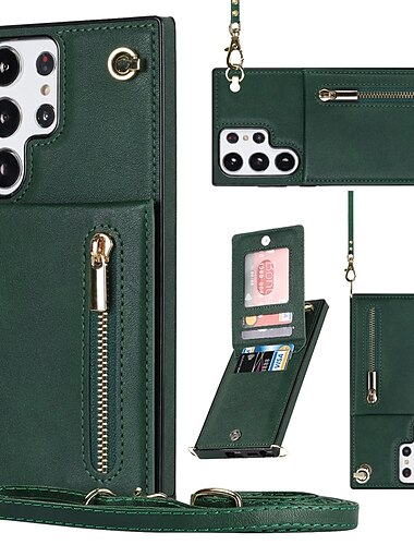  telefon Etui Til Samsung Galaxy S24 S23 S22 S21 S20 Ultra Plus FE Note 20 Ultra 10 Plus S25 Ultra Bagcover Tegnebogskortetui Med stativ Lynlås med nøglebånd TPU PU Læder