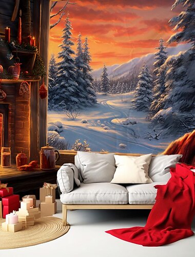 julepynt juletre hengende billedvev veggkunst xmas stor billedvev veggmaleri dekor fotografi bakteppe teppe gardin hjem soverom stue dekorasjon peis koselig
