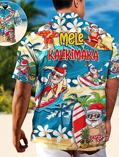  karácsonyi férfi vicces karácsonyi nyomtatott ingek virágos Mikulás hawaii alkalmi szabadtéri utcai esés lekapcsolás rövid ujjú kék s m l ing