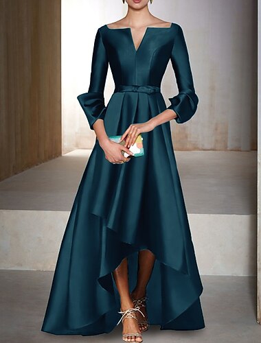  Robe de soirée en A Robe élégante Robe formelle Invité de mariage Longueur au sol Manches 3/4 Col en V Satin avec nœud(s)