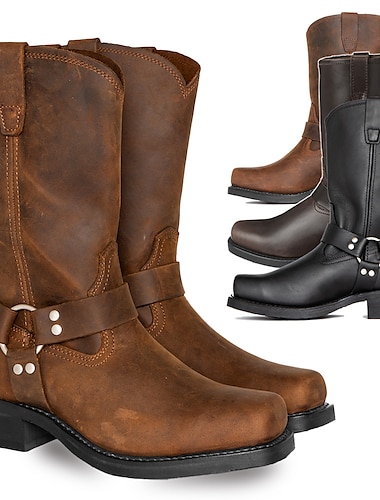  bottes de moto en similicuir marron vieilli pour hommes - style harnais classique avec construction robuste pour les motards et les vêtements décontractés