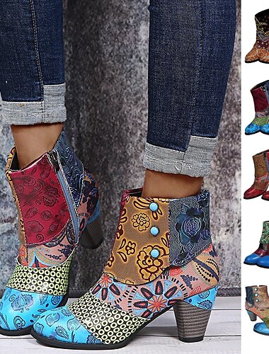  Mujer Botas Zapatos estampados Botas de Combate Tallas Grandes Exterior Diario Floral Bloque de color Botines Botines Tacón Cono Dedo redondo Confort PU Cremallera Morrón Oscuro Morado Marrón