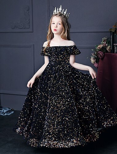  Blumenmädchenkleid Mädchen Kleid Abendkleid Party Kleid Hochzeit Party Kuschelig Prinzessin Rüschen Gitter Kurzarm Rundhalsausschnitt Silber Schwarz 3-12 Jahre