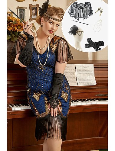  Retro Vintage Goldene Zwanziger 1920er Flapper Kleid Kleid Outfits Der große Gatsby Hochzeitsgast Pailletten Quastenfransen Übergröße Damen Weihnachten Halloween Karneval Halloween Party / Abend