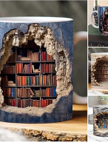  3D-Bücherregalbecher, Keramikbecher, 3D-Bücherregalloch in einer Wandbecher, kreatives Raumdesign-Mehrzweckbecher, Weihnachtsgeschenk Weihnachtsgeschenk