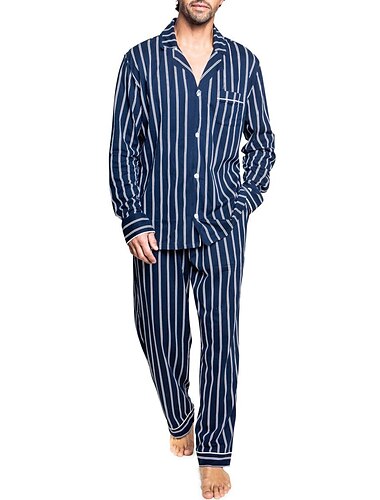  Hombre Ropa de salón Pijama Conjunto pijama Top y pantalón de pijama 2 Piezas Raya Elegante Casual Confort Hogar Diario Mezcla de Algodón Comodidad Diseño Manga Larga Camisa Pantalón Correa Cintura