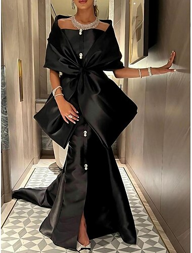  Mermaid / Trumpet Evening Gown Elegant Dress Formal Court Train Half Sleeve Off Shoulder Satin with Bow(s) Slit 2024