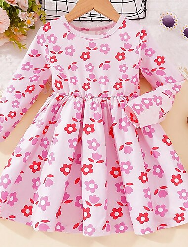  Ostern Mädchen' 3D Blumen Kleid Rosa Langarm 3D-Druck Herbst Winter Urlaub Sport & Natur Täglich Kuschelig Brautkleider schlicht Schön kinderkleidung 4-12 Jahre Casual kleid A Linie Kleid Übers Knie