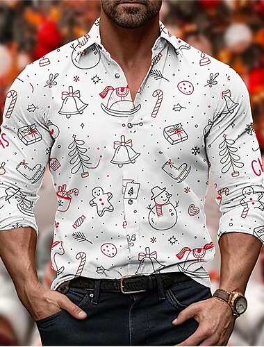  christmas menns julescene trykte skjorter snømann mønster uformelle korte ermer daglig bruk gå ut høst / høst turndown print button-down svart hvit 4-veis stretch stoff