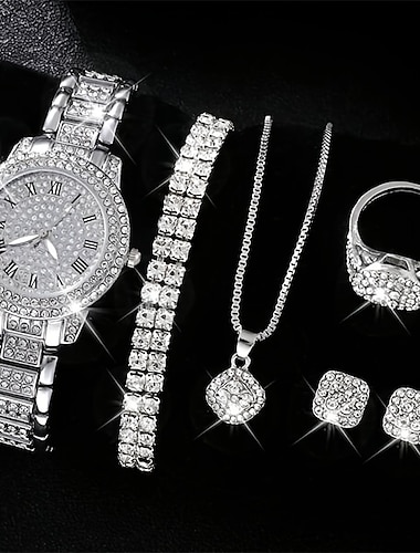  Luxuriöse Strass-Quarzuhr, Hip-Hop-Mode, analoge Armbanduhr&amp; 6-teiliges Schmuckset als Geschenk für Frauen
