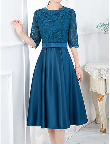 Damen Midikleid Spitzenkleid Partykleid Cocktailkleid Satinkleid Mode Party Modern Urlaub Hochzeitsgast Geburtstag Schlank Einfarbig Halbarm Rundhalsausschnitt Graues Rosa Blau Braun Grün Frühling