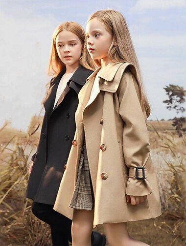  Kids Girls' Trench Coat Long Sleeve Khaki color, cotton and thickening Solid Color Buttons Spring Fall Fashion School 7-13 Years