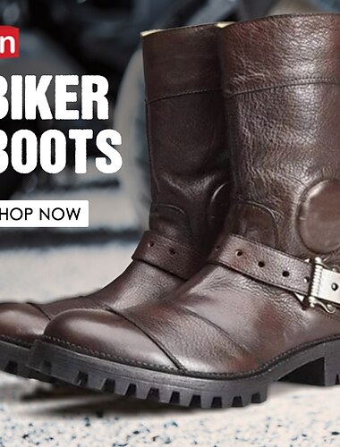 Botas de moto de piel sintética marrón para hombre con correas con hebillas: botas resistentes de media pantorrilla para motociclistas y para uso al aire libre