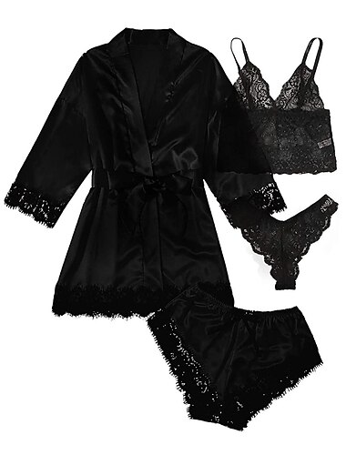  Damen-Pyjama-Sets 4-teilig, reine Farbe, schlicht, lässig, weich, für zu Hause, tägliches Bett, Satin, atmungsaktiv, V-Draht, Langarm-Shorts, Sommer-Frühlings-Home-Outfits