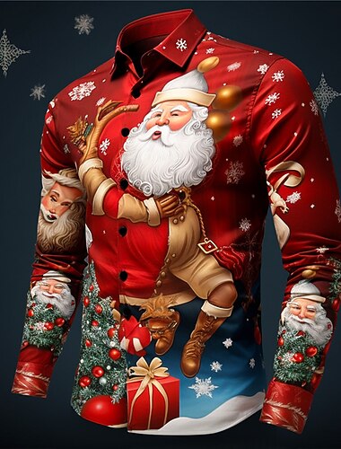  Juleskjorter for menn julenisse med trykte julenissetre fritidsklær til hverdags gå ut høsten &amp; vinter turndown langermet mørk rød, rød, burgunder s, m, l skjorte i 4-veis stretchstoff