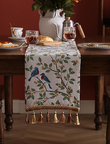  alergare de masă vintage de lux, lung brodat din jacquard, cu ciucuri, alergare de masă pentru comodă de sufragerie, nuntă, decorațiuni pentru petrecerea de sărbătoare de Ziua Recunoștinței