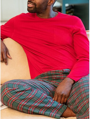  Herren Hausanzug Schlafanzüge Schlafanzug Set Pyjama-Oberteil und Hose 2 Stück Plaid Stilvoll Brautkleider schlicht Komfort Heim Täglich Bett Polyester Komfort Weich Rundhalsausschnitt Langarm T Shirt