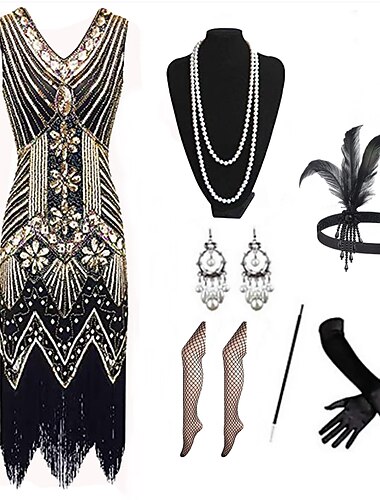  Goldene Zwanziger 1920er Knielang Flapper Kleid Outfits Flapper-Stirnband Ärmellos Der große Gatsby Hochzeitsgast Pailletten Quastenfransen V Ausschnitt Kostüm Damen Weihnachten Karneval Maskerade