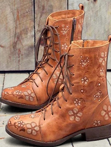  bottines à lacets brodées de fleurs vintage pour femmes - bottes en cuir de style bohème avec fermeture éclair latérale pour l'automne et l'hiver