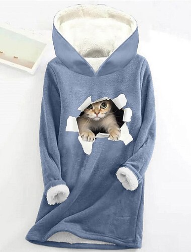  Damen Kapuzenpullover Sweatshirt Pullover Sherpa Katzenbuchstaben Casual Sport Print Warmer flauschiger bequemer Kapuzenpullover Langarmshirt Mikroelastischer Herbst&amp;Winterkomfort,