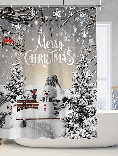  rideau de douche bonhomme de neige de Noël, ensemble de rideaux imperméables avec 12 crochets, accessoires de salle de bain de Noël, décoration de Noël