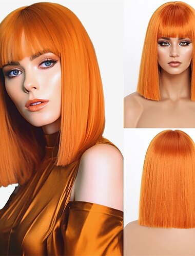  前髪付きショートオレンジボブウィッグショートストレートボブオレンジ女性用ウィッグヘアボブカットウィッグ肩の長さのかつら自然な見た目のコスプレデイリーパーティーウィッグハロウィンクリスマスパーティーウィッグ