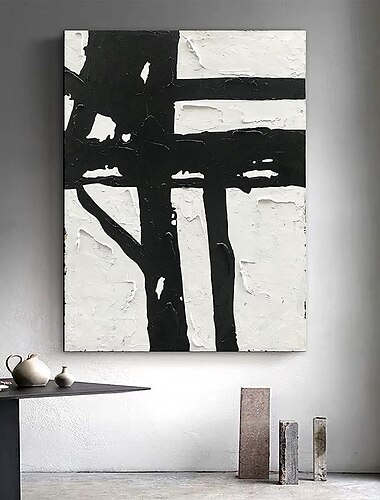  Handgefertigtes Ölgemälde auf Leinwand, Wandkunst, Dekoration, moderne abstrakte Schwarz-Weiß-Schlichtheit für die Inneneinrichtung, gerolltes, rahmenloses, ungedehntes Gemälde