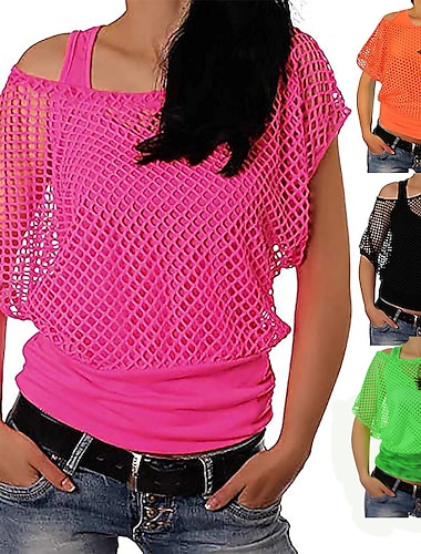  Women Casual Sexy 80s Costumes Fishnet Neon Off Shoulder T-Shirt with Tank Top 1980s Retro Vintage Halloween Carnival Party Casual Daily 2 PCS