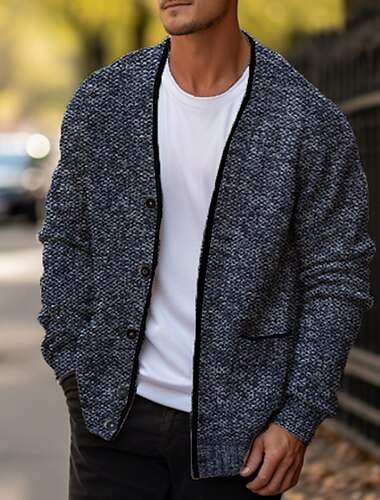  Herren Pullover Kurzer Pullover Strickjacke Gerippt Stricken Standard Strick Glatt V Ausschnitt Warm-Ups Moderne zeitgenössische Freizeitskleidung Ausgehen Bekleidung Winter Weinrot Blau S M L