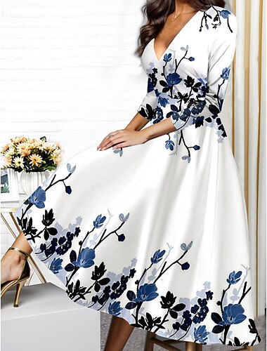  Femme Robe mi-longue Robe d'hiver Robe Évasée Robe semi-formelle Robe Trapèze Mode Vêtement de rue Moderne Formel Extérieur Vacances Standard Floral Manches 3/4 Col V Vin Bleu Violet Automne Hiver