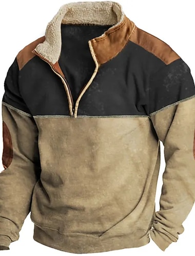  Hombre Sudadera Sudadera con un cuarto de cremallera Caqui Cuello Mao Bloque de color Retazos Deporte Diario Festivos Fresco Casual Vellón fino Otoño invierno Ropa Sudaderas con capucha Sudaderas