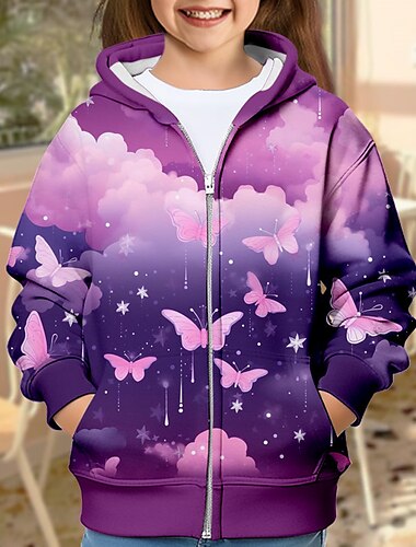  Mädchen 3D Galaxis Schmetterling Kapuzenshirt Mantel Oberbekleidung Langarm 3D-Druck Herbst Winter Aktiv Modisch Kuschelig kinderkleidung 3-12 Jahre Outdoor Casual Täglich Regular Fit