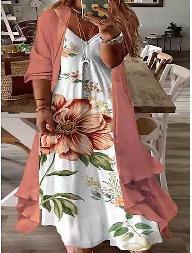  abito da donna plus size curvo in due pezzi abito floreale con scollo a V stampa manica lunga autunno primavera casual maxi abito casual abito quotidiano