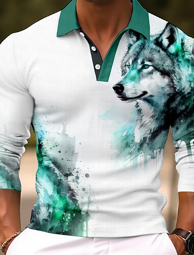  Voor heren Wolf Poloshirts Golfshirt Lange mouw Poloshirt Overhemden met kraag Casual Grappig Streetwear Vakantiekleding Feestoutfits 3D-afdrukken Knop Blauw-Groen Wijn blauw