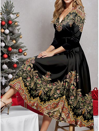  Dames Halflange jurk Winter jurk Swingjurk Semi-formele jurk A lijn jurk Modieus Streetwear Modern Formeel Buiten Vakantie Normale pasvorm Bloemig Tribal 3/4 mouw V-hals blauw Paars Fuchsia Goud