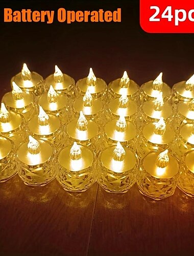  24 velas electrónicas LED, mini velas de té con proyección de halo de refracción con patrón de rosa, velas LED sin llama con pilas para San Valentín, Navidad, bodas