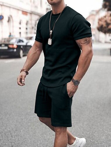  Męskie T-shirt Garnitury Dres Koszula tenisowa Zestaw spodenek i koszulek Krótki rękaw Półgolf Lato Wiosna Solidne kolory Sport Designerskie Odzież sportowa Ściągana na sznurek 2-częściowa Na