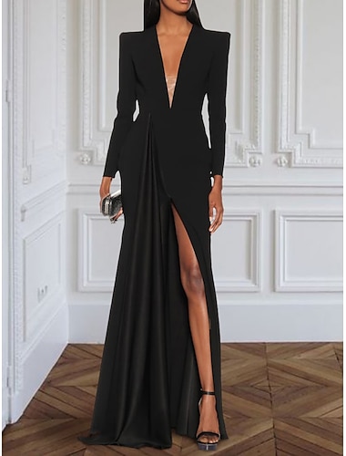  A-Linie Abendkleid elegantes schwarzes Champagnerkleid Smokingkleid Plus-Size-Kleid formelles Sweep-/Pinselzug langes Kleid mit langen Ärmeln V-Ausschnitt dehnbares Stoff mit Falten Schlitz