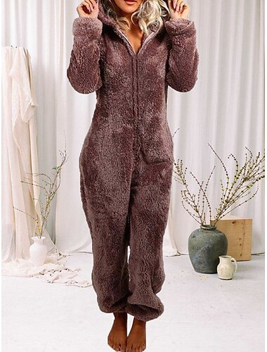 Damen-Onesie-Pyjama, Plüsch-Fleece, Kapuzenpullover mit Bärenohren, rot, durchgehender Winterwärmer, gemütliche Loungewear, Nachtwäsche mit Reißverschluss, lässige Home-Home-Outfits