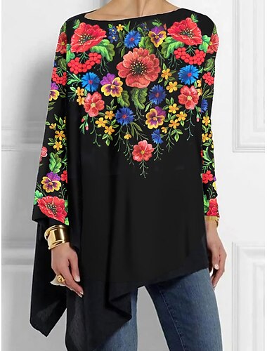  T-shirt damski długi rękaw tunika kwiatowa modna off-shoulder regularne bluzki wakacyjne weekendowe nadruk asymetryczny czarny żółty czerwony wiosna i jesień