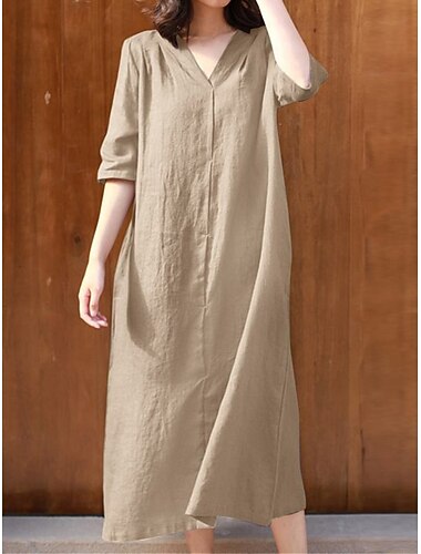  Per donna Abito Midi Misto cotone Abito Camicia Vestito Casual Streetwear Essenziale Vacanza Streetwear Vestibilità comoda Mezza Manica Scollo a V Rosso Viola Cachi Verde militare Autunno Inverno