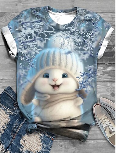  Women's T-Shirt Unisex Highland Cow Print Scarf Winter Theme Round Neck Short Sleeve Casual Wear Soft Fabric Standard Fit Animal Graphic Tee