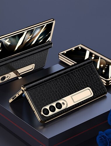  Samsung Galaxy Z Fold 5 4 3 用のレザー電話ケース ゴールド plating 磁気ヒンジ スタンド バックカバー ミラーフィルム付き