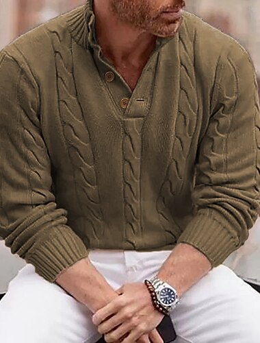  Herren Pullover Gerippt Zopfmuster Stricken Cropped Taste Feste Farbe Henley-Kragen Moderne zeitgenössische Casual Bekleidung Winter Blau Khaki M L XL