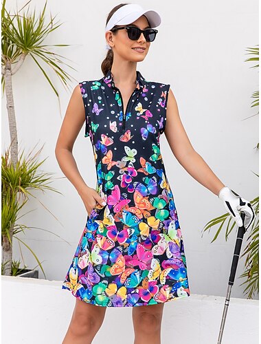  Per donna vestito da golf Blu marino Senza maniche Protezione solare Completo da tennis Farfalla Abbigliamento da golf da donna Abbigliamento Abiti Abbigliamento